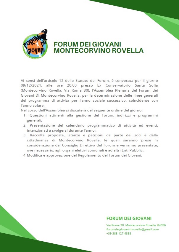 Assemblea Plenaria Forum dei Giovani di Montecorvino Rovella